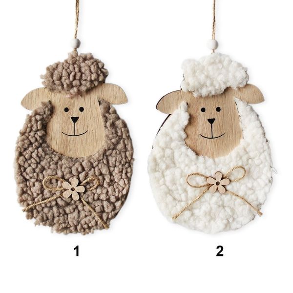 Beránek závěs dřevo/textil 15,5 cm mix hnědá/bílá