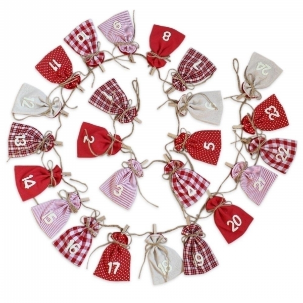 Adventní kalendář girlanda textil 2m/9,5x13cm červená