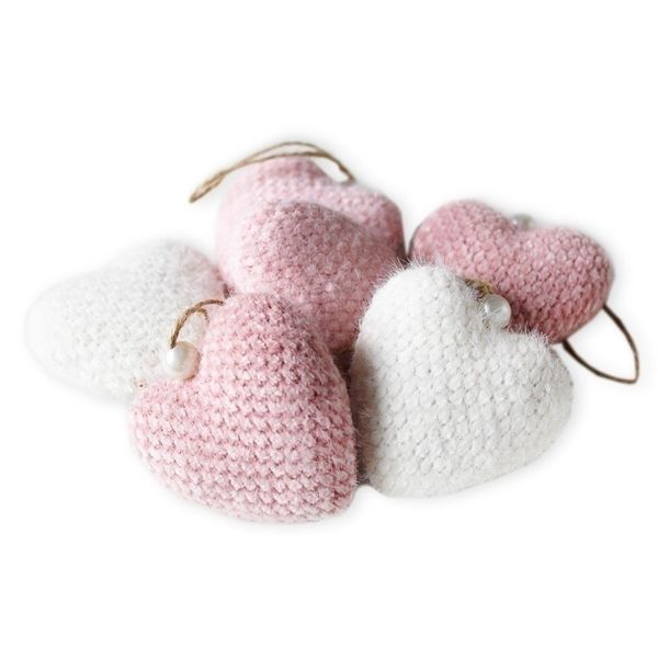 Srdce závěs textil 6ks/6cm růžová/bílá